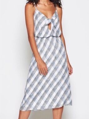 Joie Abiah Silk Plaid Tie Front Midi Dress NWT Large Blue White Silk Dress